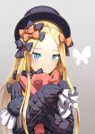  abigail_williams_(fate/grand_order) absurdres bangs black_bow black_dress black_hat blonde_hair blue_eyes blush bow closed_mouth commentary_request dress fate/grand_order fate_(series) forehead grey_background hair_bow hands_up hat highres long_hair long_sleeves looking_at_viewer object_hug orange_bow parted_bangs polka_dot polka_dot_bow sanbe_futoshi sleeves_past_fingers sleeves_past_wrists solo stuffed_animal stuffed_toy teddy_bear very_long_hair 
