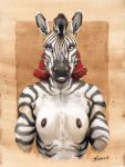  anthro breasts equine female front_view half-length_portrait looking_at_viewer mammal mohawk nipples portrait purple_eyes scale_(artist) solo stripes traditional_media_(artwork) zebra 