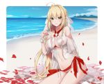  beach bikini blonde_hair blush breasts closed_mouth criss-cross_halter fate/grand_order fate_(series) green_eyes halterneck long_hair looking_at_viewer nero_claudius_(fate)_(all) nero_claudius_(swimsuit_caster)_(fate) petals qb_516 simple_background sitting smile solo striped striped_bikini swimsuit 