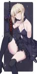  artoria_pendragon_(all) blonde_hair breasts cleavage dark_excalibur dress fate/grand_order fate_(series) gloves hand_on_sword highres looking_at_viewer qb_516 saber_alter short_hair skirt solo sword thighhighs weapon yellow_eyes 