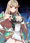  armor armpits bangs bare_shoulders blonde_hair breasts cleavage cleavage_cutout commentary dress gem gloves headpiece hikari_(xenoblade_2) large_breasts lo_xueming long_hair looking_at_viewer solo swept_bangs sword tiara weapon xenoblade_(series) xenoblade_2 yellow_eyes 