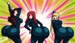  3girls ass ass_focus ass_shake axel-rosered blonde_hair breasts brown_eyes brown_hair cana_alberona erza_scarlet fairy_tail hair_over_one_eye hand_on_hips hips huge_ass long_hair looking_at_viewer looking_back lucy_heartfilia multiple_girls open_mouth ponytail pose red_hair sideboob smile smirk spandex 