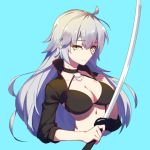  aqua_background breasts cleavage commentary_request cropped_torso fate/grand_order fate_(series) hand_on_sword jeanne_d'arc_(alter_swimsuit_berserker) jeanne_d'arc_(fate)_(all) long_hair looking_at_viewer o-ring shrug_(clothing) silver_hair simple_background solo swimsuit sword upper_body weapon yellow_eyes yueye_(blbl-y) 