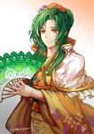  commentary_request elincia_ridell_crimea fan fire_emblem fire_emblem:_akatsuki_no_megami fire_emblem:_souen_no_kiseki fire_emblem_heroes floral_print folding_fan green_hair hair_ornament highres holding holding_fan japanese_clothes jin_(phoenixpear) kimono lips long_hair obi parted_lips sash sidelocks simple_background smile solo twitter_username wide_sleeves yellow_eyes yukata 