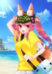  alternate_costume alternate_hairstyle animal_ears bag blue_sky blush breasts casual commentary_request day ears_through_headwear fang fate/grand_order fate_(series) fox_ears fox_tail hat highres large_breasts military_hat mimi nature ocean open_mouth outdoors pin pink_hair shirt sky solo sweat tail tamamo_(fate)_(all) tamamo_no_mae_(fate) twintails yellow_eyes yellow_shirt 