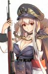 bolt_action breasts brown_eyes cleavage commentary cross girls_frontline gold_trim gun hat highres jacket kar98k_(girls_frontline) long_hair looking_at_viewer mauser_98 military military_hat military_uniform pluscolor rifle silver_hair simple_background solo uniform upper_body weapon 