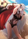  absurdres arm_up armpits azur_lane bangs bare_shoulders beach black_flower black_jacket black_ribbon black_rose black_swimsuit blush breasts buckle casual_one-piece_swimsuit cleavage clenched_hand cloud condensation_trail contrapposto day dutch_angle eyebrows_visible_through_hair feet_out_of_frame flower from_side fur-trimmed_jacket fur_trim graf_zeppelin_(azur_lane) hair_between_eyes hair_flower hair_ornament halterneck hand_up highres holding holding_jacket jacket jacket_removed lace lace-trimmed_swimsuit large_breasts lens_flare light_particles long_hair long_sleeves looking_at_viewer military_jacket multicolored multicolored_clothes multicolored_jacket navel navel_cutout ocean one-piece_swimsuit open_clothes open_jacket outdoors parted_bangs parted_lips red_eyes red_jacket ribbon rose see-through shade shadow sidelocks sideways_glance silver_hair simple_background sky sleeve_cuffs smile solo standing stomach straight_hair swimsuit taut_clothes thighs tsyn turtleneck water wrist_straps 