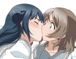  bangs blue_eyes blue_hair blush closed_eyes eyebrows_visible_through_hair grey_hair kiss long_hair love_live! love_live!_sunshine!! multiple_girls school_uniform serafuku short_hair side_bun signature surprised takeya_yuuki tsushima_yoshiko upper_body uranohoshi_school_uniform watanabe_you wide-eyed yuri 