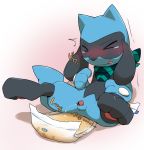  2017 anthro balls bandanna blue_fur blush canine crying diaper edit eyes_closed fur japanese male mammal nintendo open_diaper peeing penis pok&eacute;mon pok&eacute;mon_(species) riolu satsuki_rabbit solo tears text translated uncensored urine video_games wet_diaper young 