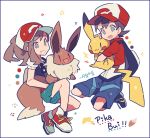  1girl :3 artist_name auko ayumi_(pokemon) backpack bag baseball_cap black_footwear black_shirt blue_eyes blue_shorts blush_stickers border brown_eyes brown_hair commentary_request eevee full_body gen_1_pokemon green_shorts happy hat holding holding_pokemon kakeru_(pokemon) looking_at_another looking_at_viewer open_mouth paw_print pikachu poke_ball_symbol poke_ball_theme pokemon pokemon_(creature) pokemon_(game) pokemon_lgpe ponytail purple_border red_eyes red_footwear red_hat red_shirt shirt shoes short_hair short_shorts short_sleeves shorts signature simple_background smile teeth tied_hair white_background 