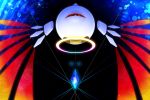  bandaid commentary_request crystal dark_background dated glaring glowing halo kirby_(series) kirby_64 kurosiro light_rays looking_at_viewer no_humans one-eyed red_eyes solo spread_wings tail upside-down wings zero_two_(kirby) 