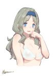  :d absurdres bare_shoulders bikini blue_eyes blush breasts collarbone commentary darling_in_the_franxx dated eyebrows_visible_through_hair gorgeous_mushroom green_hair handband highres kokoro_(darling_in_the_franxx) large_breasts long_hair looking_at_viewer md5_mismatch open_mouth signature simple_background smile solo swimsuit upper_body white_background white_bikini 