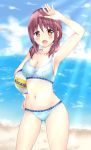  arm_up ass_visible_through_thighs beach beach_volleyball bikini breasts brown_eyes brown_hair cleavage commentary_request day harukana_receive looking_at_viewer medium_breasts navel ocean oozora_haruka_(harukana_receive) open_mouth sand solo sunlight swimsuit tear_u 