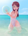  ball beachball blue_sky breasts casual_one-piece_swimsuit cleavage cloud day hair_between_eyes hair_ornament hairclip highleg highleg_swimsuit highres horizon kneeling long_hair love_live! love_live!_sunshine!! medium_breasts ocean one-piece_swimsuit outdoors partially_submerged red_hair sakurauchi_riko see-through sky solo swimsuit une water white_swimsuit yellow_eyes 