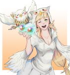  art_cerealex bird blonde_hair blush braid breasts feh_(fire_emblem_heroes) fire_emblem fire_emblem_heroes green_eyes highres long_hair looking_at_viewer one_eye_closed open_mouth orb owl sharena simple_background smile solo white_background 