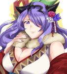 breasts camilla_(fire_emblem_if) fire_emblem fire_emblem_heroes fire_emblem_if flower hair_flower hair_ornament hair_over_one_eye horns japanese_clothes kimono large_breasts long_hair looking_at_viewer nail_polish purple_eyes purple_hair rem_sora410 smile solo wavy_hair 
