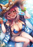  animal_ear_fluff animal_ears bikini blue_bikini blush breasts cleavage covered_nipples ears_through_headwear fate/grand_order fate_(series) fox_ears fox_tail hat heart innertube large_breasts looking_at_viewer looking_up moze ocean partially_submerged pink_hair side-tie_bikini solo straw_hat swimsuit tail tamamo_(fate)_(all) tamamo_no_mae_(swimsuit_lancer)_(fate) water yellow_eyes 