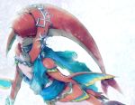  fins fish_girl hair_ornament jewelry long_hair mipha monster_girl multicolored multicolored_skin no_eyebrows red_hair red_skin simple_background solo the_legend_of_zelda the_legend_of_zelda:_breath_of_the_wild yellow_eyes yo_mo zora 