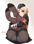  1girl ass blonde_hair blush brown_eyes feet girls_frontline heart heart-shaped_pupils highres legs_up looking_at_viewer military military_uniform mp40_(girls_frontline) panties panties_under_pantyhose pantyhose soles symbol-shaped_pupils toes underwear uniform 