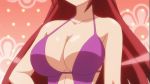  10s 18_kin_(himegoto) 1girl animated animated_gif bikini blush breasts cleavage eyebrows_visible_through_hair green_eyes hand_on_hip himegoto large_breasts long_hair purple_bikini red_hair screencap smile solo standing swimsuit 