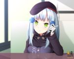  blue_hair blurry chair chin_rest cigarette copyright_name depth_of_field elbow_rest girls_frontline gloves green_eyes hat high_collar highres hk416_(girls_frontline) indoors jacket light_frown long_sleeves looking_at_viewer maltese_cross non-web_source reflection sitting smoke smoking table white_gloves window youngdeer 