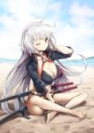  bare_legs barefoot beach bikini black_bikini black_gloves black_jacket blue_sky blush breasts brown_eyes cleavage closed_mouth cloud cloudy_sky commentary_request day fate/grand_order fate_(series) gloves hand_up horizon jacket jeanne_d'arc_(alter_swimsuit_berserker) jeanne_d'arc_(fate)_(all) large_breasts long_hair long_sleeves o-ring o-ring_bikini o-ring_top ocean one_eye_closed outdoors sand shrug_(clothing) silver_hair sitting sky solo swimsuit toenails twitter_username tyone very_long_hair water 