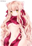  animal_ears bangs blonde_hair blush breasts cat_ears closed_mouth commentary_request eyebrows_visible_through_hair groin long_hair looking_at_viewer medium_breasts naked_scarf nanase_kureha nanase_nao navel original purple_scarf scarf simple_background solo twitter_username underboob very_long_hair white_background yellow_eyes 
