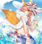  animal_ear_fluff animal_ears bikini blue_bikini blush breasts cleavage commentary_request ears_through_headwear fate/grand_order fate_(series) fox_ears fox_shadow_puppet fox_tail groin hat innertube large_breasts long_hair looking_at_viewer navel ocean one_eye_closed pink_hair side-tie_bikini solo sun_hat swimsuit tail tamamo_(fate)_(all) tamamo_no_mae_(swimsuit_lancer)_(fate) tongue type-moon water xionfes yellow_eyes 