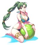  armlet asymmetrical_bangs ball bangs bare_arms bare_shoulders barefoot beachball bikini blue_bikini blush bracer breasts cleavage closed_mouth collarbone commentary_request earrings eyebrows_visible_through_hair fire_emblem fire_emblem:_rekka_no_ken fire_emblem_heroes full_body green_eyes green_hair high_ponytail highres jewelry kori_(etinop) long_hair lyndis_(fire_emblem) medium_breasts multi-tied_hair necktie pink_lips ponytail simple_background sitting smile solo swimsuit very_long_hair white_background 