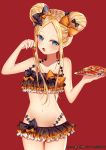  :o abigail_williams_(fate/grand_order) absurdres bangs bare_arms bare_shoulders bikini black_bikini black_bow blonde_hair blue_eyes blueberry blush bow collarbone commentary cowboy_shot double_bun emerald_float eyebrows_visible_through_hair fate/grand_order fate_(series) food forehead fruit hair_bow halter_top halterneck head_tilt highres holding holding_food holding_plate junpaku_karen long_hair looking_at_viewer navel open_mouth orange_bow pancake parted_bangs pixiv_id plate polka_dot polka_dot_bow red_background side_bun sidelocks simple_background solo standing strawberry swimsuit thigh_gap 