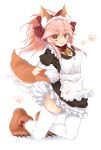  alternate_costume animal_ear_fluff animal_ears apron bell bell_collar braid breasts cat_hair_ornament cat_paws cleavage collar commentary enmaided fangs fate/grand_order fate_(series) fox_ears fox_tail frills gloves hair_ornament highres jingle_bell looking_at_viewer maid maid_apron maid_headdress medium_breasts open_mouth paw_gloves paw_shoes paws pink_hair pukupoyo shoes simple_background solo tail tamamo_(fate)_(all) tamamo_cat_(fate) waist_apron white_background white_legwear 