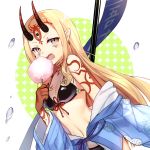  bare_shoulders bikini black_bikini blonde_hair blue_kimono blush breasts brown_eyes commentary cotton_candy dutch_angle eating facial_mark facial_tattoo fangs fate/grand_order fate_(series) fingernails floral_print food forehead_mark front-tie_bikini front-tie_top highres holding holding_food ibaraki_douji_(fate/grand_order) ibaraki_douji_(swimsuit_lancer)_(fate) japanese_clothes kimono long_fingernails long_hair long_sleeves oni_horns open_clothes open_kimono open_mouth pointy_ears print_kimono red_ribbon ribbon sada_(sadahalu) shoulder_tattoo small_breasts solo sparkle_background straight_hair swimsuit tattoo upper_body very_long_hair water_drop 
