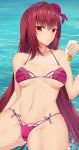  ass_visible_through_thighs bangs bikini breasts chinese_commentary cleavage collarbone commentary_request cowboy_shot eyebrows_visible_through_hair fate/grand_order fate_(series) feng_mouren flower hair_flower hair_intakes hair_ornament hibiscus highres large_breasts long_hair lotion lotion_bottle nail_polish navel ocean partially_submerged purple_bikini purple_hair red_eyes red_nails scathach_(fate)_(all) scathach_(swimsuit_assassin)_(fate) swimsuit 