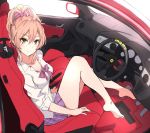  barefoot bow bowtie breasts brown_eyes car_interior cleavage collared_shirt commentary from_outside from_side honda honda_integra idolmaster idolmaster_cinderella_girls igo_miku jougasaki_mika long_sleeves looking_at_viewer looking_to_the_side pink_hair pleated_skirt popped_collar purple_neckwear purple_skirt school_uniform shirt short_hair sitting skirt smile solo v-shaped_eyebrows white_shirt wing_collar 