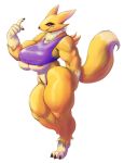  2018 anthro areola big_butt black_sclera bottomless breasts butt canine claws clothed clothing digimon digimon_(species) eyelashes female fur half-closed_eyes looking_at_viewer mammal msvondran muscular muscular_female neck_tuft nipple_bulge purple_eyes pussy renamon shirt smile smirk solo standing tank_top thick_thighs tight_clothing toe_claws tuft under_boob white_fur yellow_fur 