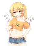  alternate_costume bangs bare_shoulders blonde_hair blush breasts casual collarbone commentary contemporary cowboy_shot crop_top crystal cutoffs denim denim_shorts emoji flandre_scarlet groin hair_between_eyes hands_on_hips looking_at_viewer midriff miyo_(ranthath) navel no_hat no_headwear off-shoulder_shirt off_shoulder one_side_up orange_shirt red_eyes shirt short_hair short_shorts short_sleeves shorts simple_background small_breasts smile solo standing stomach t-shirt thighs tied_shirt touhou white_background wings 