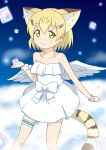  absurdres angel_wings animal_ears bare_shoulders blonde_hair cat_ears cat_tail cloud collarbone commentary cube dress extra_ears hair_ornament hairclip highres kemono_friends leg_garter looking_at_viewer sand_cat_(kemono_friends) sandstar shiraha_maru short_hair smile solo strapless strapless_dress tail white_dress wings wrist_cuffs yellow_eyes 