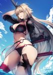  ahoge bangs bikini black_bikini black_jacket blush breasts choker cleavage cloud cloudy_sky collarbone commentary_request day eyebrows_visible_through_hair fate/grand_order fate_(series) gloves hair_between_eyes holding holding_sword holding_weapon jacket jeanne_d'arc_(alter_swimsuit_berserker) jeanne_d'arc_(fate)_(all) kyouya_(mukuro238) large_breasts long_hair o-ring ocean shrug_(clothing) signature sky solo swimsuit sword thigh_strap thighhighs very_long_hair weapon yellow_eyes 