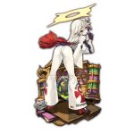  ahoge ankh artist_request ass ass_focus ball_and_chain bangs belt bent_over black_belt black_footwear black_gloves blush bodysuit book book_stack bookshelf breasts candy clothes_writing emblem eyebrows_visible_through_hair floating_hair food from_side full_body globe gloves guilty_gear guilty_gear_xrd hair_between_eyes halo hand_up head_tilt high_heels holding holding_food holding_lollipop indoors jack-o'_valentine jewelry kneepits last_period legs_apart library lollipop long_hair looking_at_viewer looking_back loose_belt medium_breasts multicolored multicolored_clothes multicolored_gloves multicolored_hair necklace official_art outline pantylines parted_lips red_eyes red_footwear red_gloves red_hair shadow shoes straight_hair studded_belt transparent_background two-tone_hair very_long_hair white_bodysuit white_hair wide_sleeves 