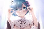  adjusting_eyewear bespectacled blue_eyes blue_hair bow commentary eyes_visible_through_hair glasses hair_bow maid re:zero_kara_hajimeru_isekai_seikatsu rem_(re:zero) ribbon_trim short_hair solo teataster 