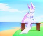  anthro bat beach bench big_breasts bikini breasts butt clothing fangs female food looking_at_viewer looking_back mammal outside popsicle rear_view seaside smile solo swimsuit thick_thighs twistedlilheart voluptuous water winged_arms wings yellow_eyes 