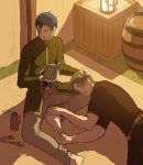  akke arrow barefoot barrel belt blue_eyes blue_hair book closed_eyes drink fire_emblem fire_emblem_echoes:_mou_hitori_no_eiyuuou force_(fire_emblem) green_hair lamp male_focus multiple_boys open_mouth paison sitting sleeping yaoi 