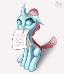  2018 a+ blue_eyes changeling female foughtdragon01 friendship_is_magic horn my_little_pony ocellus_(mlp) paper sitting solo 
