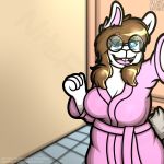  bathrobe bathroom big_breasts blue_eyes breasts brown_hair cleavage clothed clothing eyewear female fur glasses hair happy lagomorph mammal nichole_(nitefang) nitefang rabbit robe slightly_chubby smile white_fur 