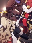  bangs blonde_hair bow brown_hair clash commentary_request duel eye_contact from_side hair_ornament holding holding_sword holding_weapon jacket long_hair looking_at_another multiple_girls open_mouth pleated_skirt profile saijou_claudine shoujo_kageki_revue_starlight skirt smile sword tendou_maya un403lucky weapon 