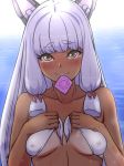  :} backlighting bangs bikini blush breasts closed_mouth commentary_request condom condom_in_mouth condom_wrapper covered_nipples eyebrows_visible_through_hair front-tie_bikini front-tie_top furrowed_eyebrows hair_ribbon headgear kantai_collection katou_techu long_hair looking_at_viewer mouth_hold murakumo_(kantai_collection) ocean outdoors ribbon short_eyebrows smile solo swimsuit tan tanline tears thick_eyebrows tress_ribbon underboob white_bikini white_hair yellow_eyes 