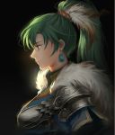  armor bangs black_background blue_tunic breastplate chuby_mi earrings fire_emblem fire_emblem:_rekka_no_ken fire_emblem_heroes from_side fur_trim green_eyes green_hair hair_tie high_collar high_ponytail highres jewelry long_hair lyndis_(fire_emblem) pink_lips ponytail profile shoulder_armor signature silver_trim smile tied_hair upper_body 