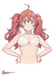  absurdres ahoge bare_shoulders bikini blush breasts brown_hair commentary cropped_torso darling_in_the_franxx dated gorgeous_mushroom green_eyes hair_between_eyes hands_on_hips highres long_hair looking_at_viewer md5_mismatch medium_breasts miku_(darling_in_the_franxx) signature simple_background solo stomach swimsuit twintails upper_body v-shaped_eyebrows white_background white_bikini 