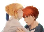  1girl ahoge ai_(blacktea_milk) artoria_pendragon_(all) blonde_hair blue_ribbon blush braid closed_eyes emiya_shirou eyebrows_visible_through_hair fate/stay_night fate_(series) french_braid hetero highres orange_eyes orange_hair raglan_sleeves ribbon saber short_hair white_background 