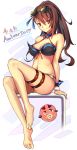  absurdres arm_support bad_feet barefoot beatrix_(granblue_fantasy) bikini blue-framed_eyewear blue_ribbon breasts brown_hair cleavage eyebrows_visible_through_hair eyewear_on_head full_body granblue_fantasy hair_between_eyes hair_ribbon halterneck high_ponytail highres long_hair looking_at_viewer medium_breasts red_eyes ribbon simple_background sitting smile solo sunglasses swimsuit thigh_strap very_long_hair white_background wrist_cuffs yuchio 